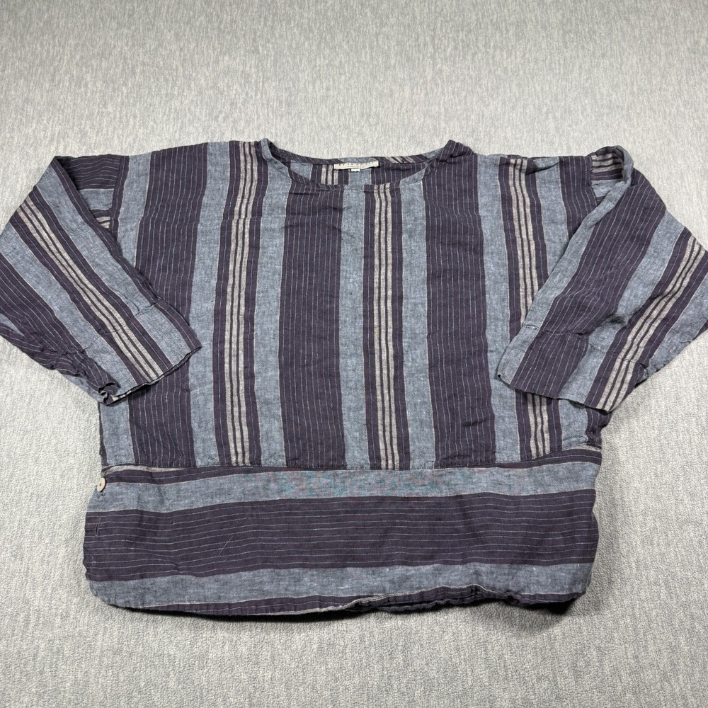 Bryn Walker Top Women XL Blue Striped Linen Boxy Boat Neck Made in USA Pullover